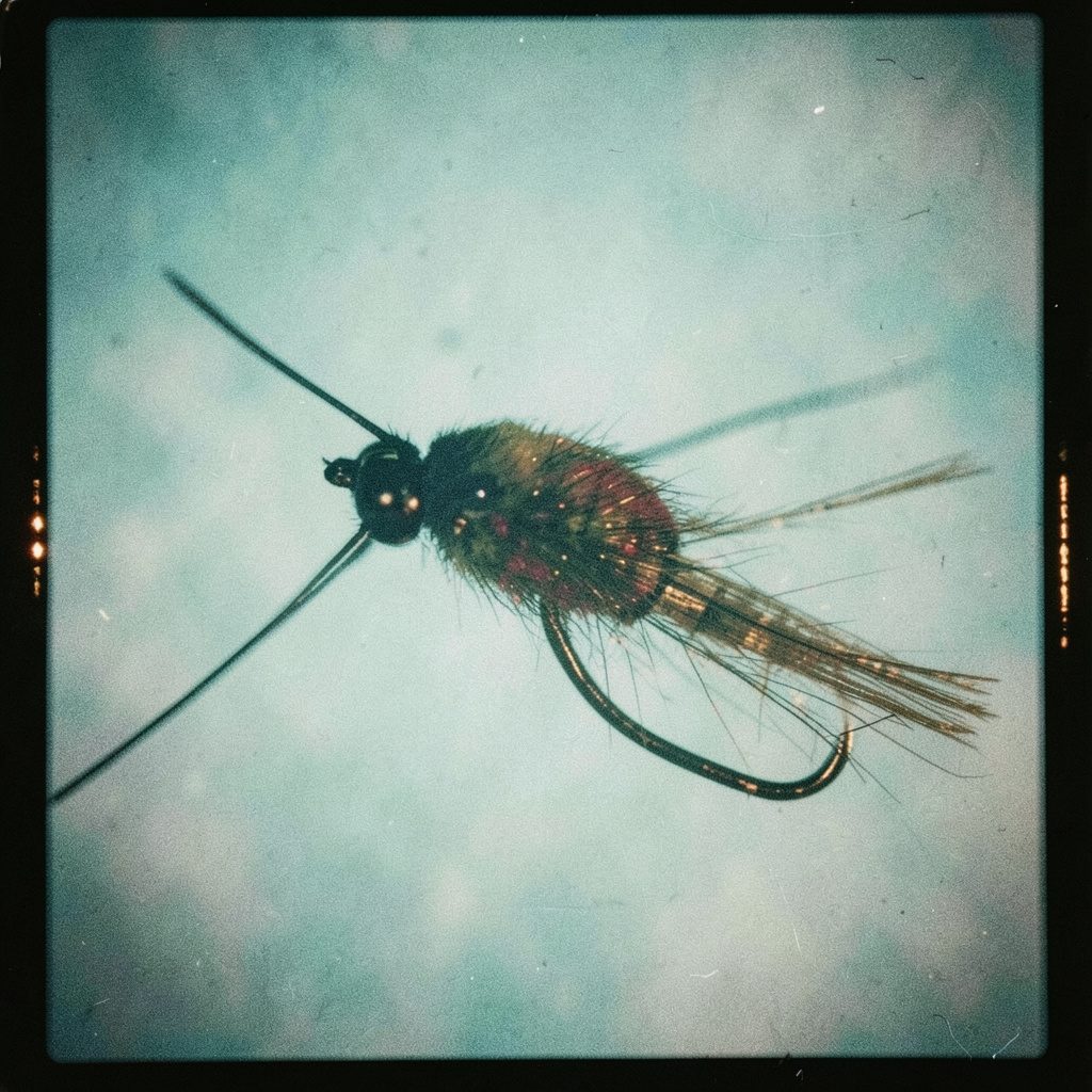 A grainy film photograph of hand-tied flies arranged on a dark slate surface, feathers and thread in muted browns, creams, and olive tones.